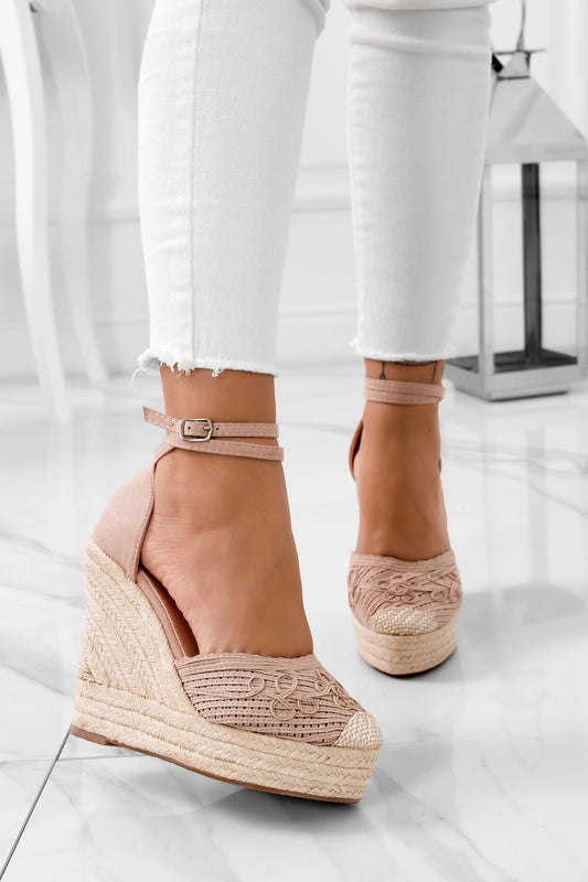 Espadrilles nude avec semelle compensée en corde et broderie