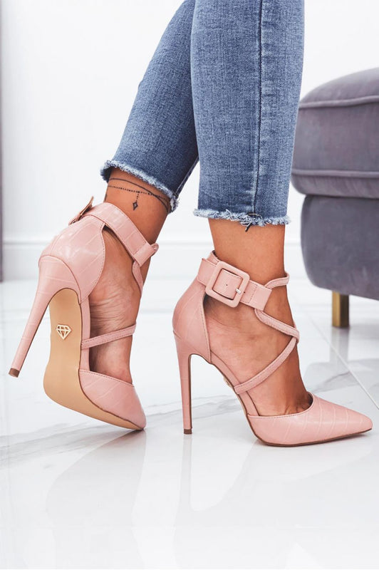 Escarpins roses effet crocodile à talons hauts