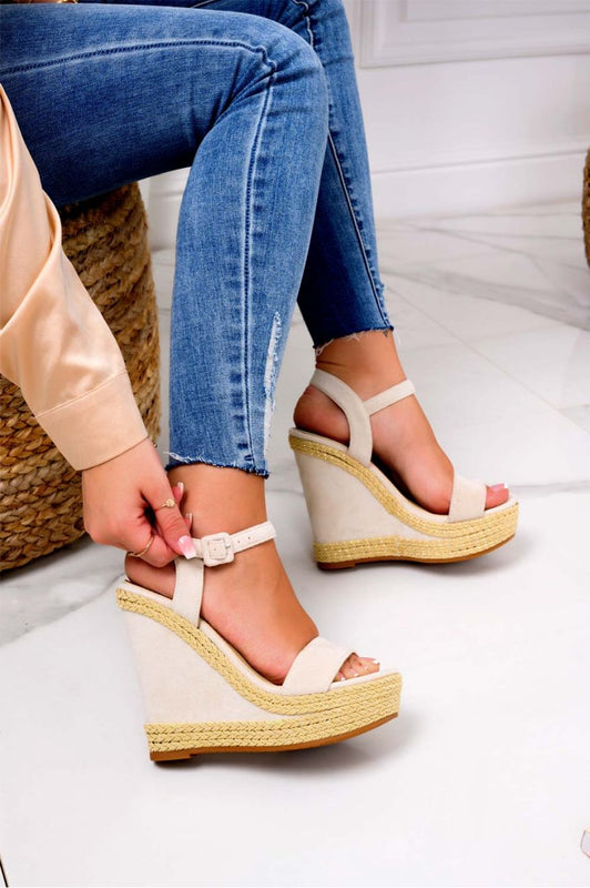 LUCREZIA - Beige suede sandals with wedge and rope detail