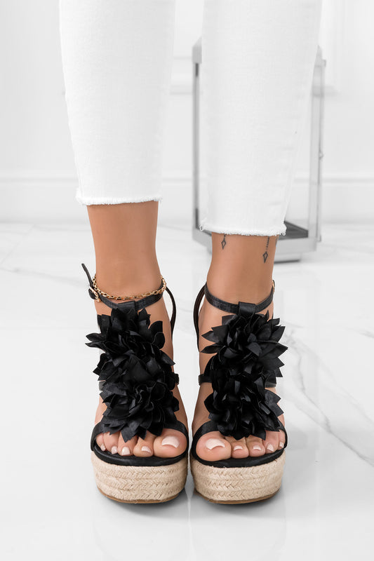 Black satin espadrille sandals with applied flower