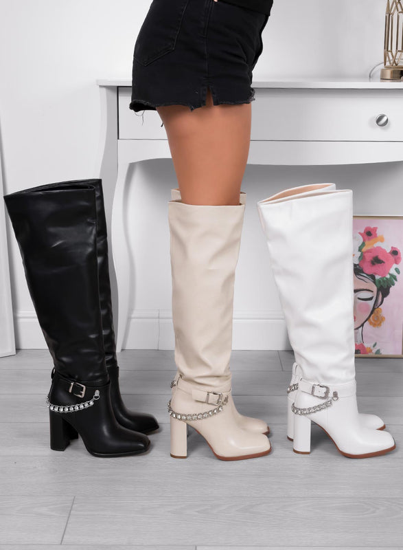 ALESSANDRA - Alexoo white boots over the knee with rhinestone chain