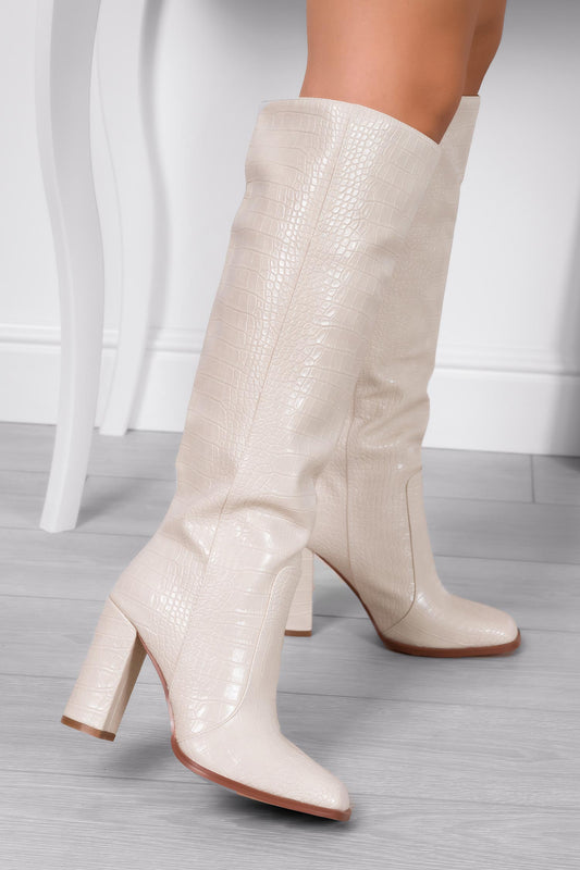 ANGELICA - Alexoo beige boots with crocodile print
