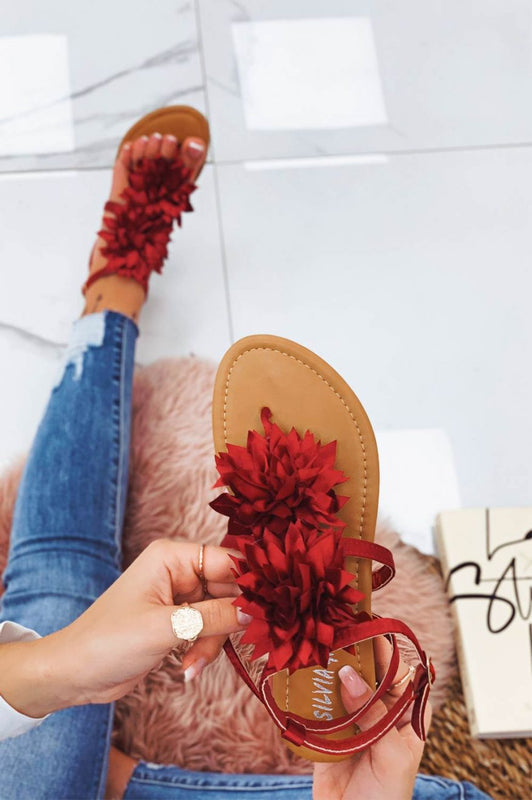 CONNIE - Red satin thong sandals with applied flower