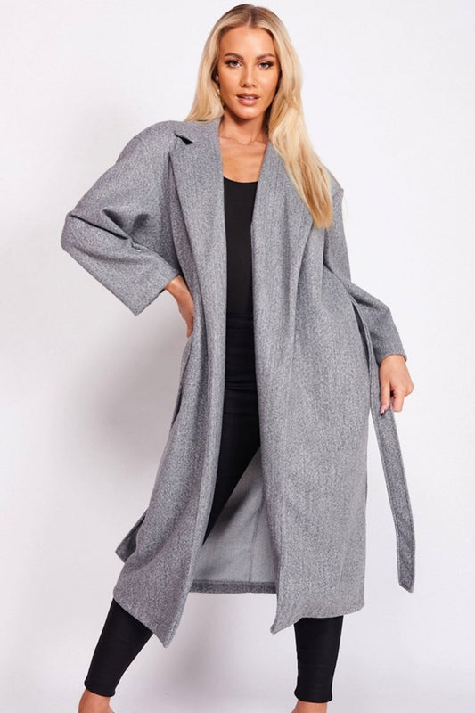 Grey long coat with waist drawstring