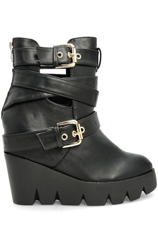 SUSANNA - Black ankle boots with wedge and golden buckles