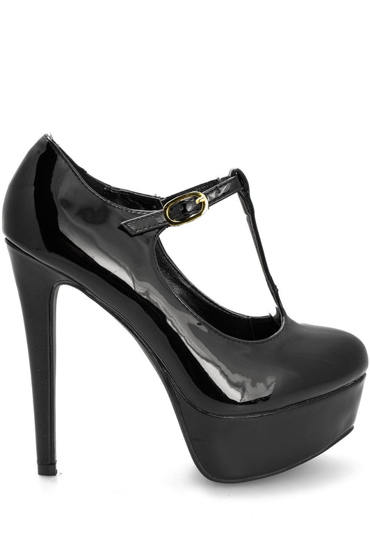 Black patent leather sandals with heel and T-straps