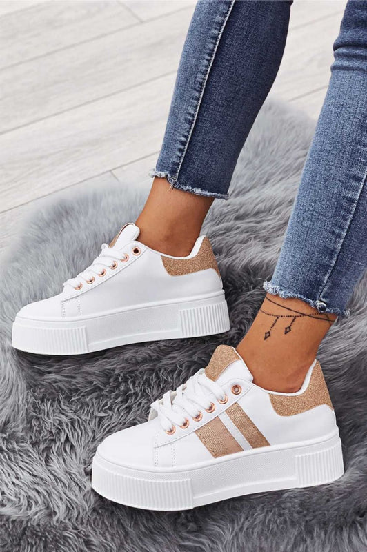Zapatillas blancas con cordones e inserciones de glitter oro rosa