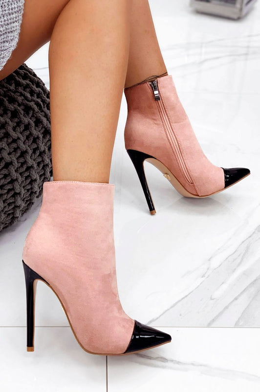 Pink suede ankle boots with heel and black patent leather toe