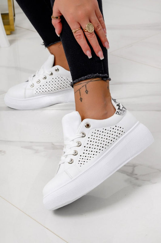 BRIDGET - White sneakers perforated with chunky sole and python back