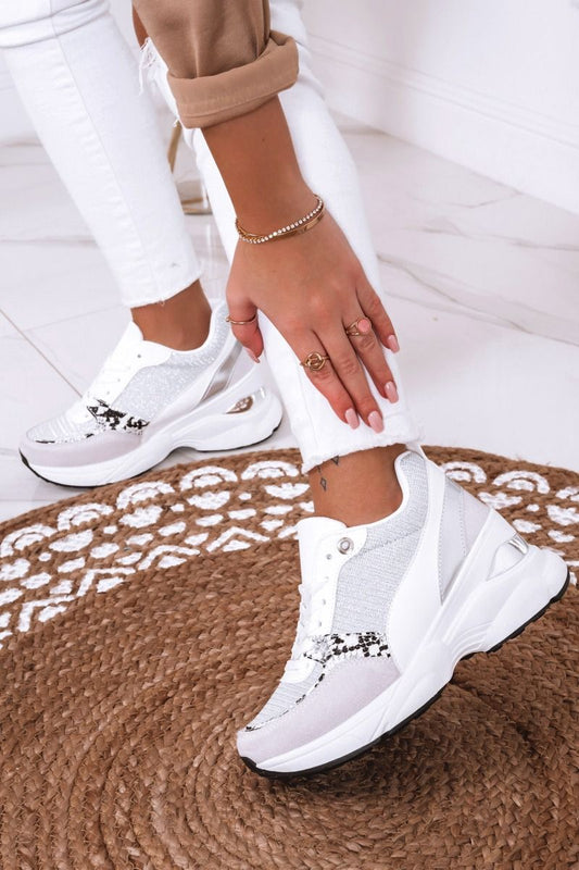 ANGIE - White and silver sneakers with glitter and inner wedge