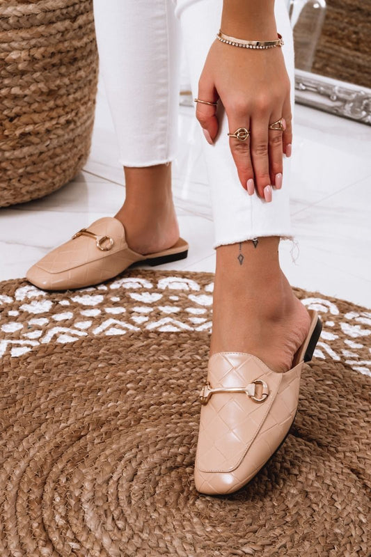 open beige loafers with checkered pattern