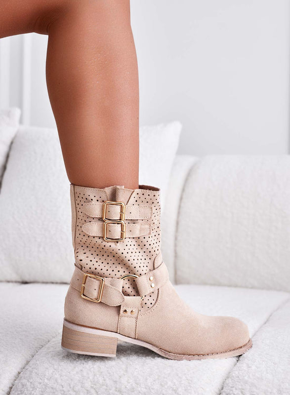 ADRIA - Beige perforated ankle boots with gold buckles