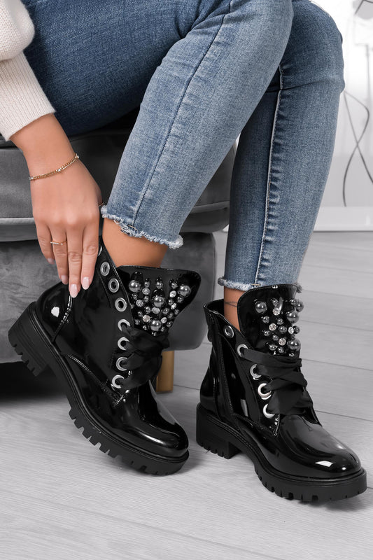 LEANNA - Low ankle boots with pearls and black patent stones