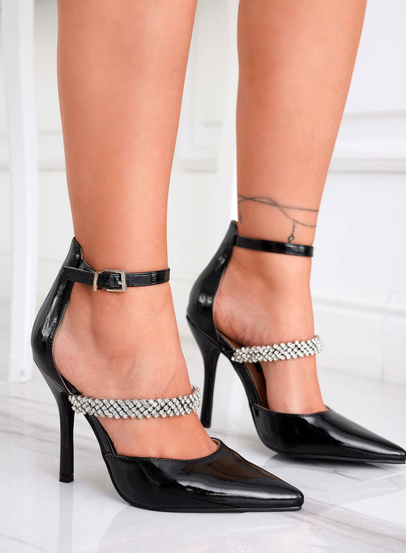 DORIE - Alexoo black patent leather  pumps with rhinestone band