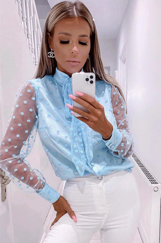 Light blue shirt in voile and polka dots