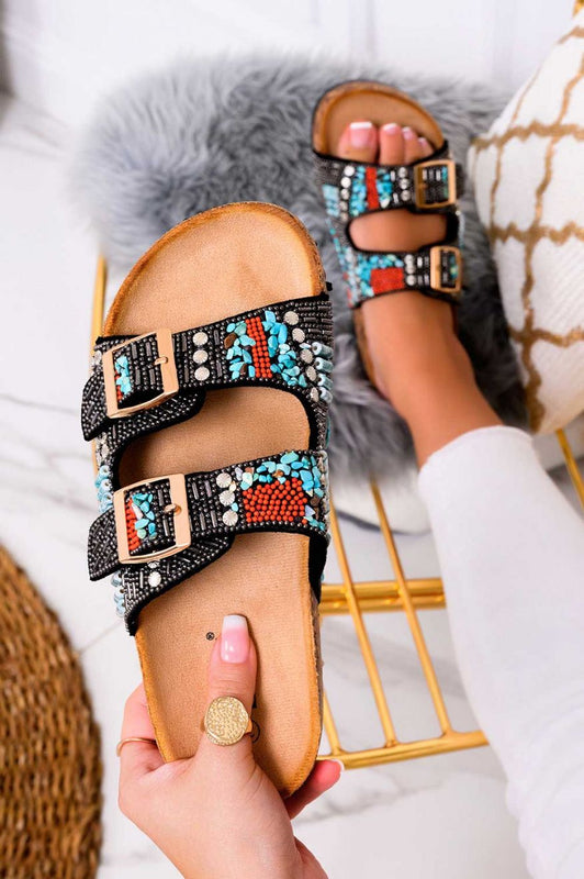 CAMELIA - Black sandals with buckles and multicoloured print