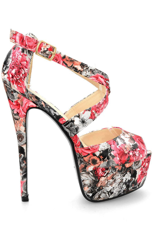 Multicoloured sandals with floral print and high heels
