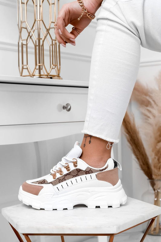 MARISOL - White sneakers with brown print and golden hooks