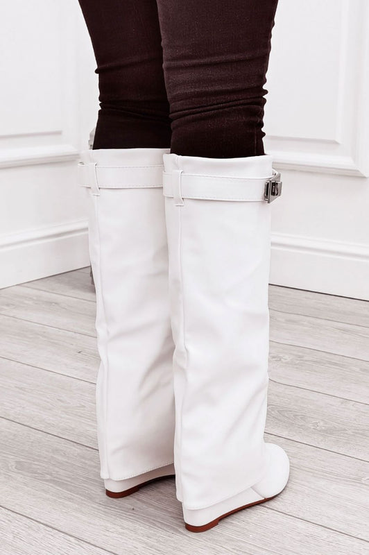 White faux leather boots with cuff and wedge heel