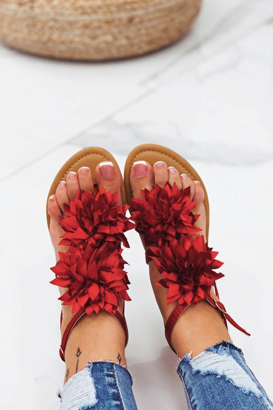 CONNIE - Red satin thong sandals with applied flower