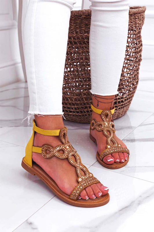 Sandalias planas amarillas joya con strass
