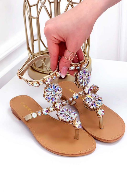 DENISE -  Golden thong sandals with iridescent rhinestones