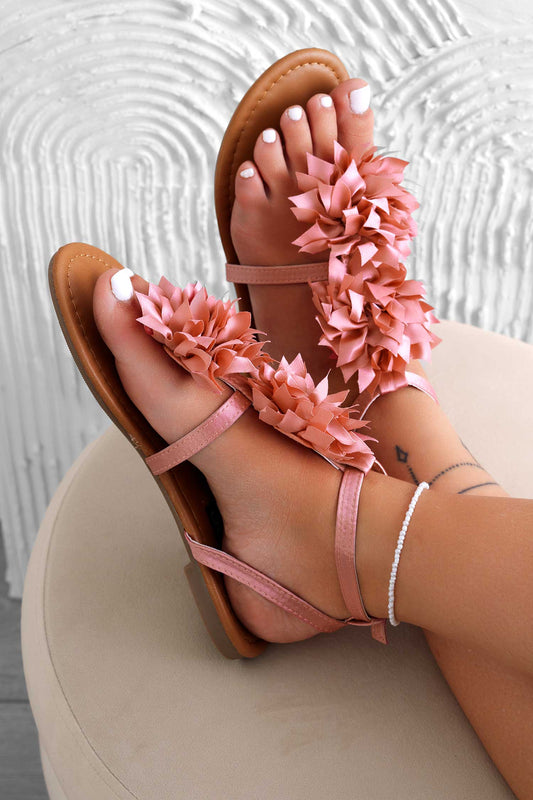 CONNIE - Pink satin thong sandals with flower