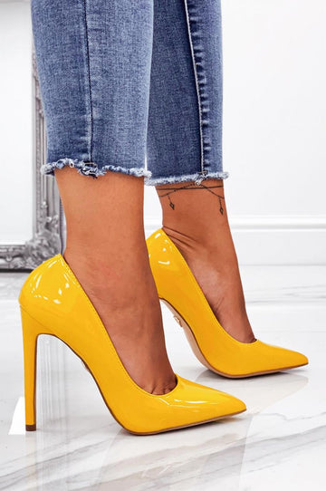 Yellow patent leather pumps with high heel