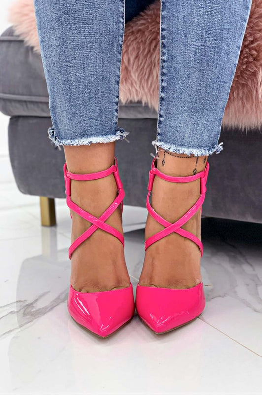 Fluo fuchsia patent leather pumps with stiletto heel and buckle