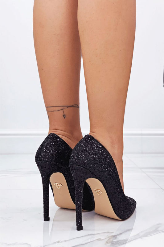 Black glitter high-heeled pumps