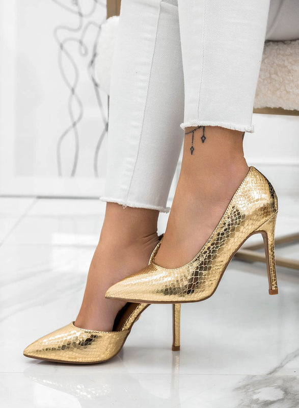 AURORA - Alexoo golden pumps with python print side opening and high heels
