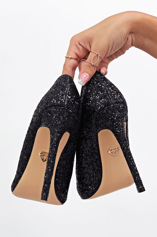 Black glitter high-heeled pumps