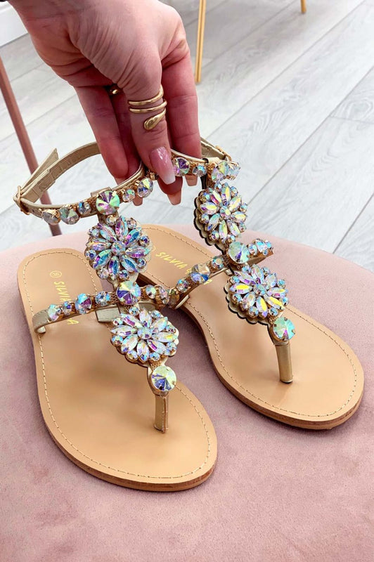 DENISE -  Golden thong sandals with iridescent rhinestones