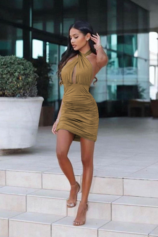 Green elastic dress with plunging neckline