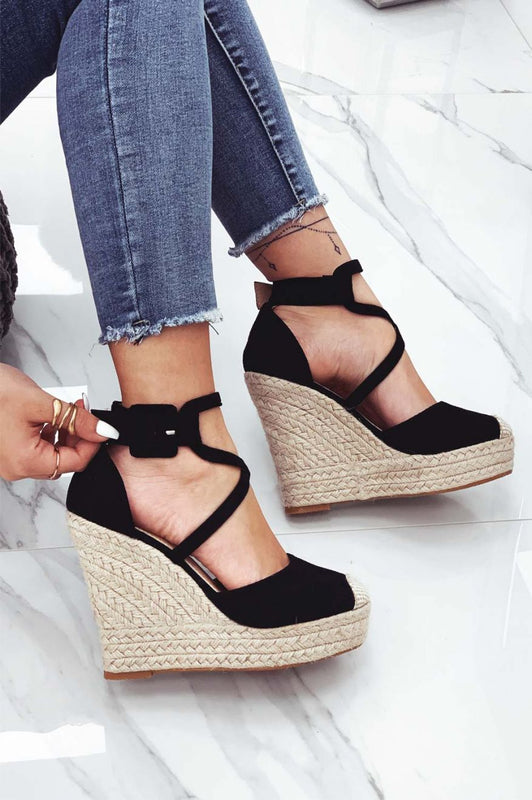 Espadrilles noires à semelle compensée et brides croisées