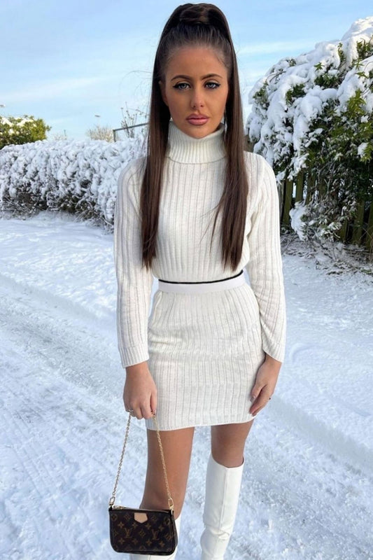 White ribbed knit dress with high collar