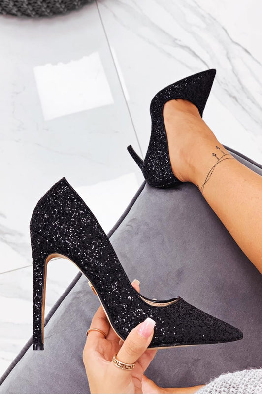 Black glitter high-heeled pumps