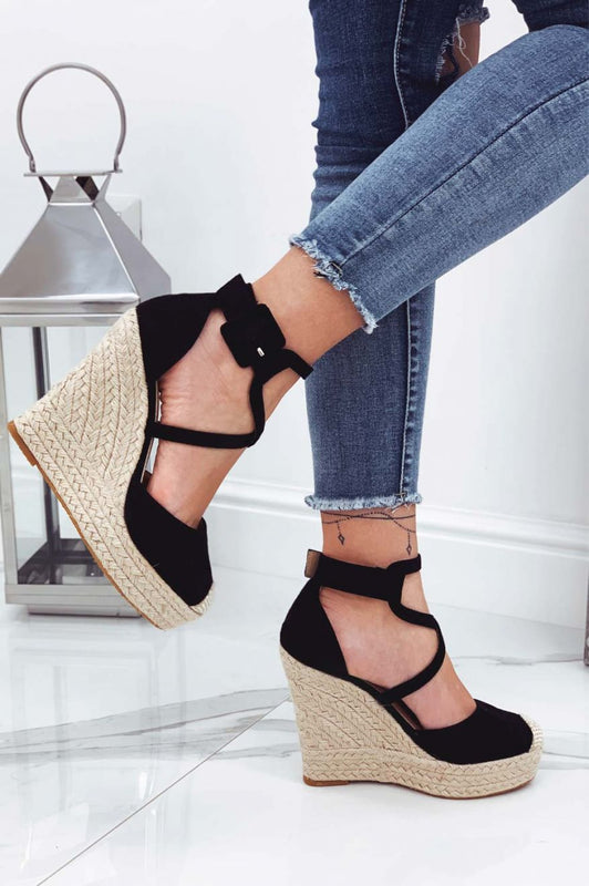 Espadrilles noires à semelle compensée et brides croisées