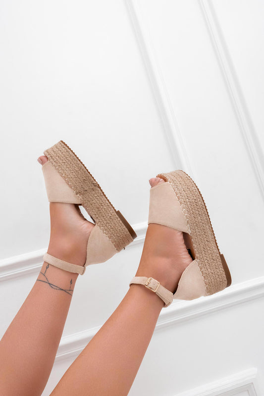 Beige suede espadrilles with wedge and ankle strap