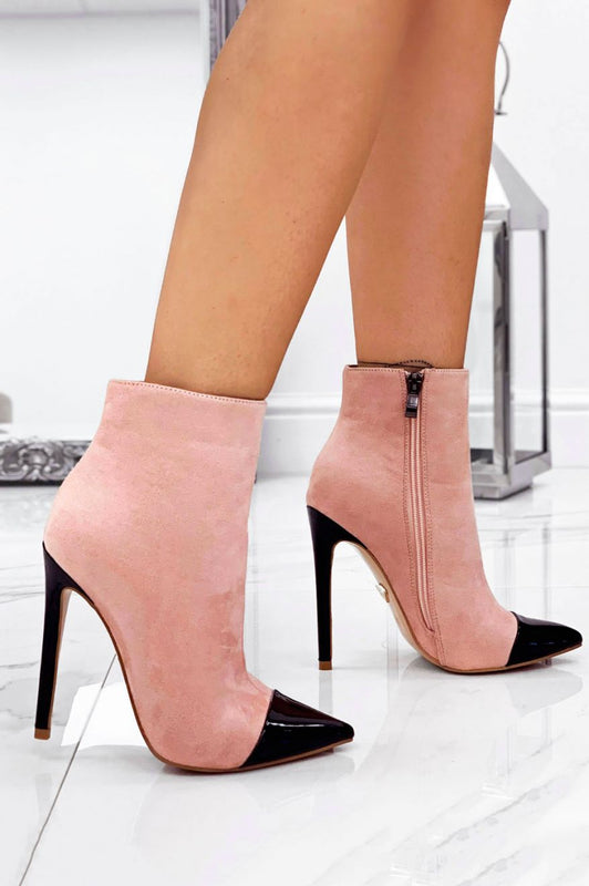 Pink suede ankle boots with heel and black patent leather toe