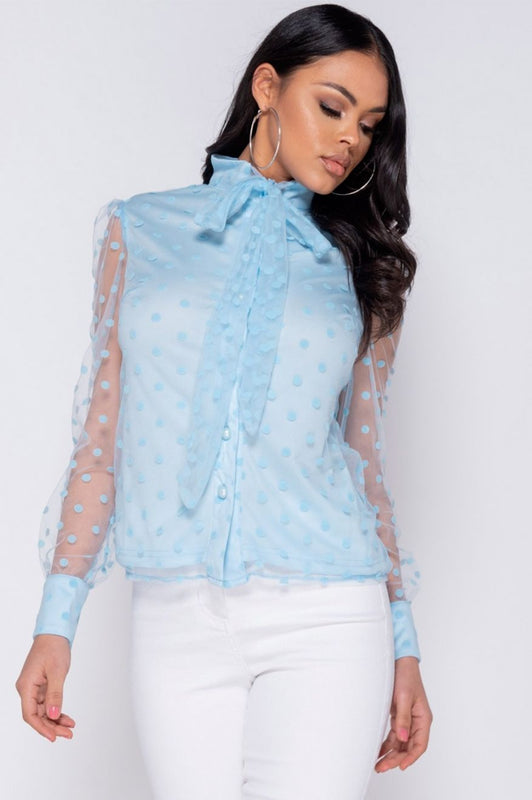 Light blue shirt in voile and polka dots