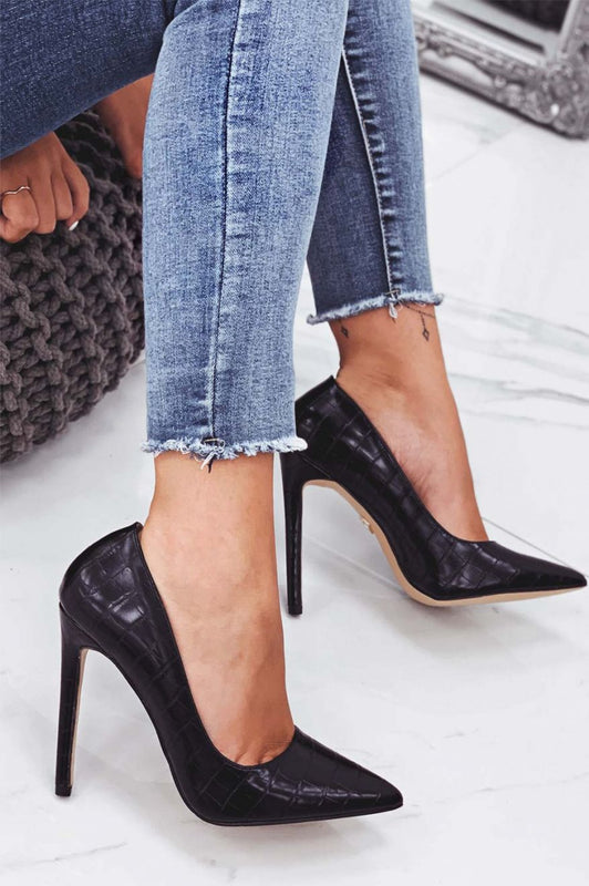 Zapatos de salón negros en piel sintética de cocodrilo con tacón alto