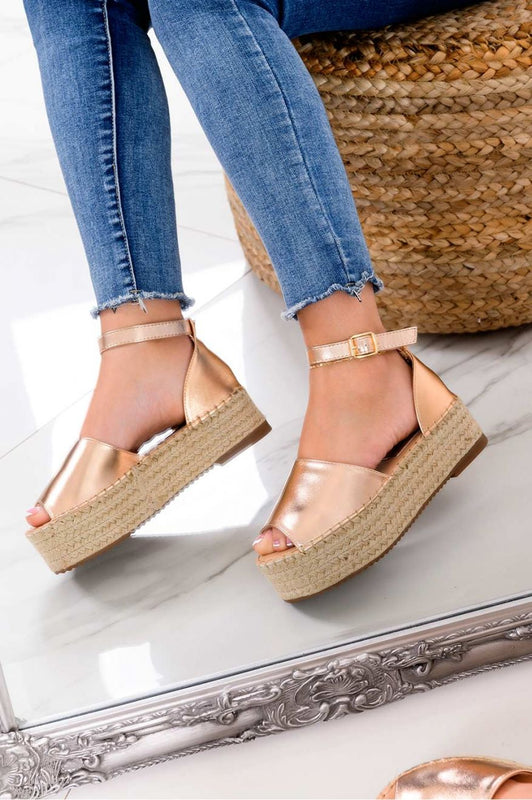 LICIA - Espadrillas oro rosa metallizzate con zeppa e cinturino