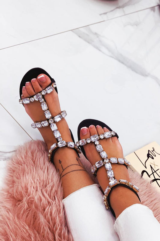 Black jeweled flat sandals