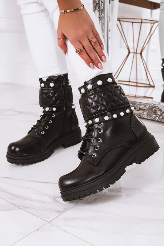 black lace-up combat ankle boots with pearls