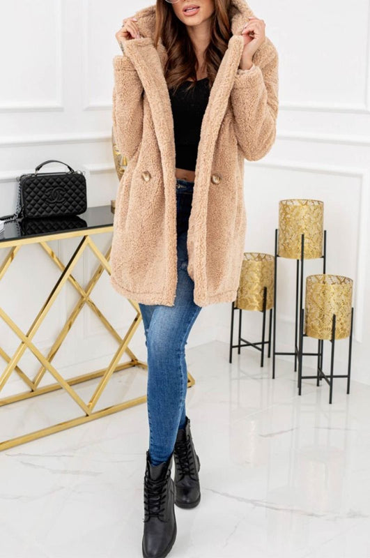 Brown teddy coat with pockets and buttons