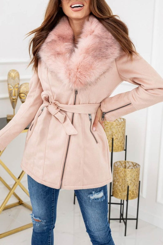 Pink suede long coat with drawstring and faux fur trim