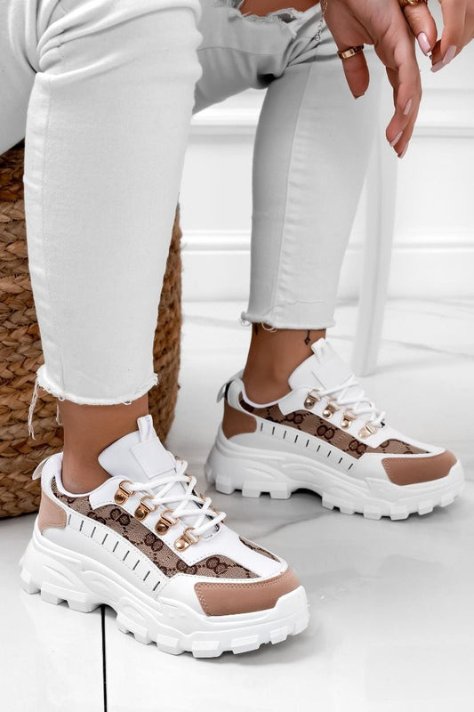 MARISOL - White sneakers with brown print and golden hooks