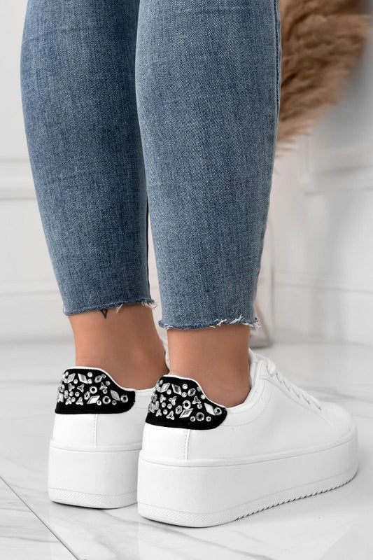 CARRY - White sneakers with silver and black details and rhinestones
