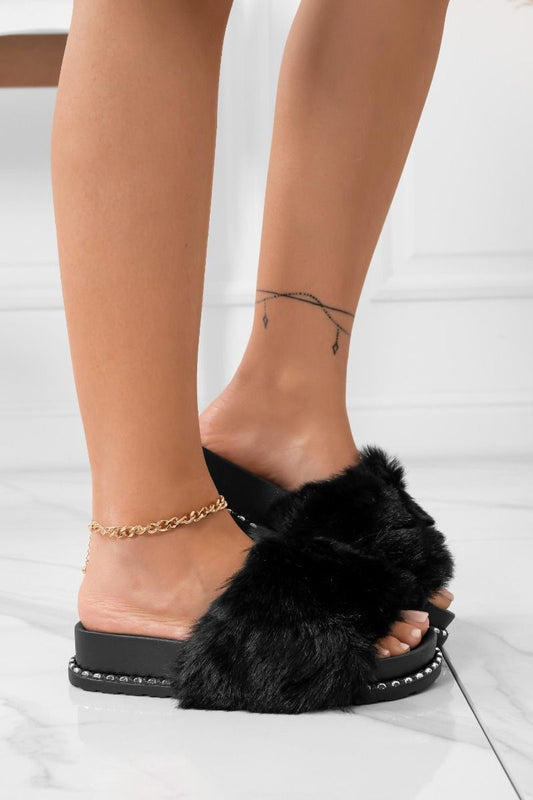 BAMBI - Black slip-on sandals with faux fur